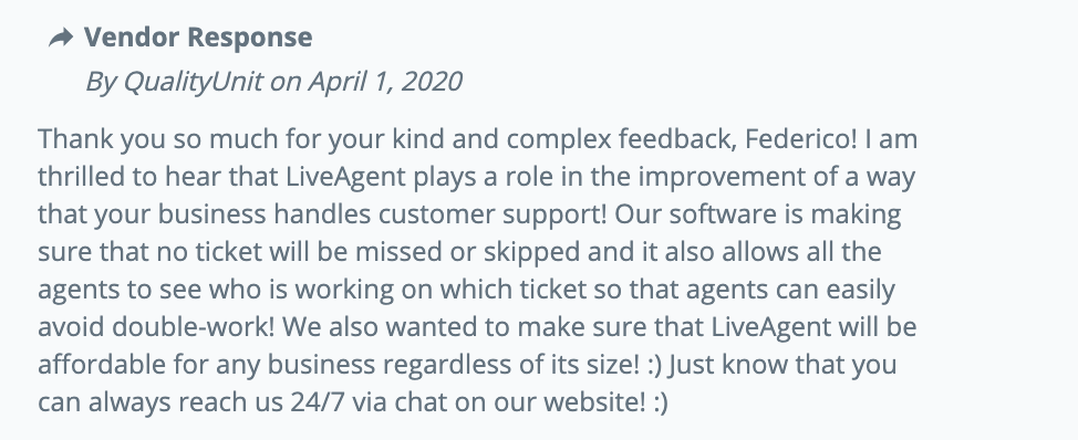 LiveAgent's customer feedback response on review portal Capterra