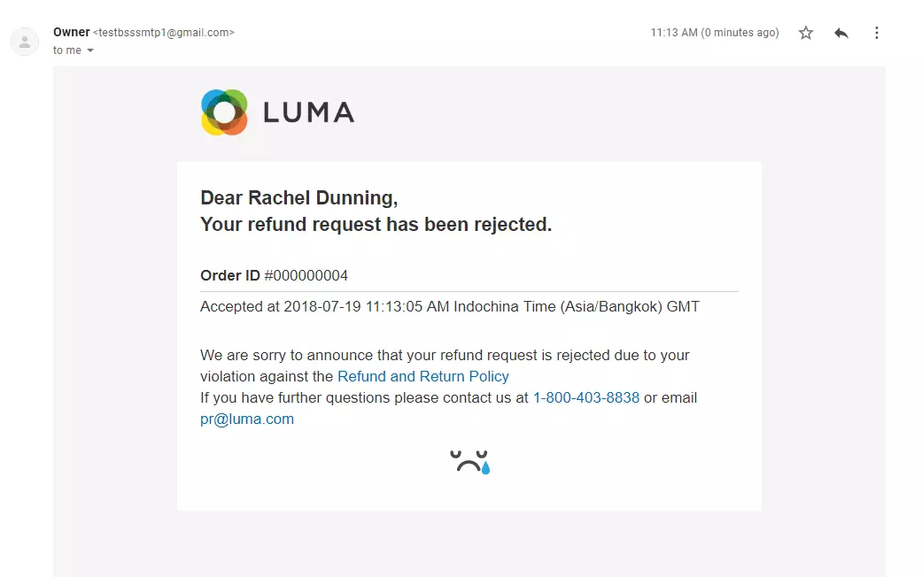 Παράδειγμα email απόρριψης αιτήματος επιστροφής χρημάτων