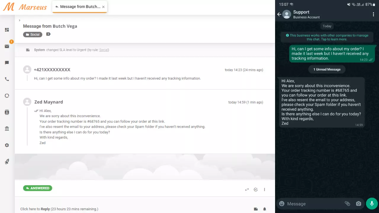 Μήνυμα WhatsApp που εμφανίζεται ως εισιτήριο στο LiveAgent