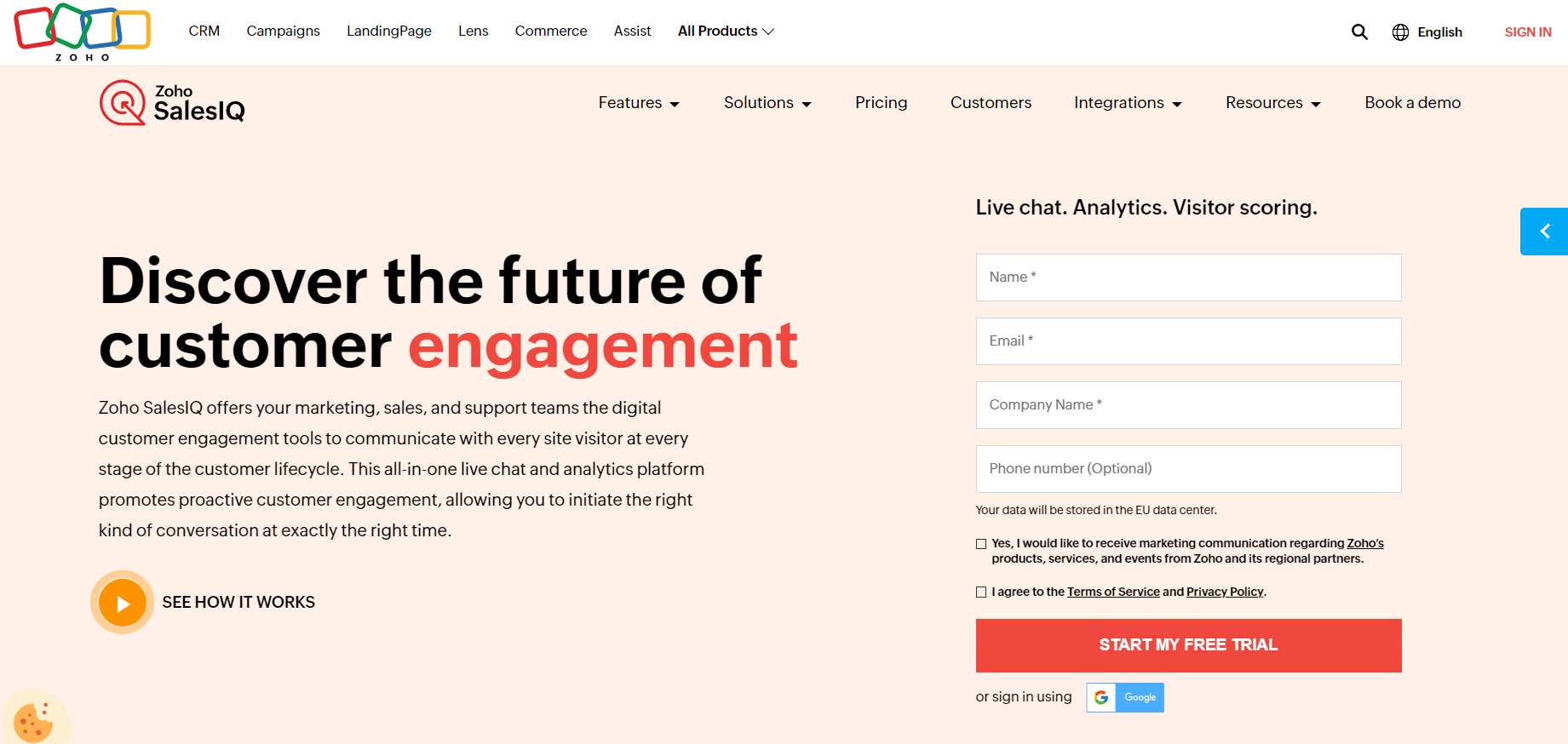 Αρχική σελίδα Zoho SalesIQ - λογισμικό live chat ηλεκτρονικού εμπορίου για αλληλεπίδραση πελατών